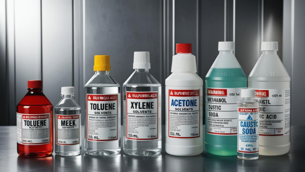 Solvents & Chemicals: Industrial-grade solvents such as toluene, xylene, acetone, and MEK, along with methanol, caustic soda, and sulfuric acid.