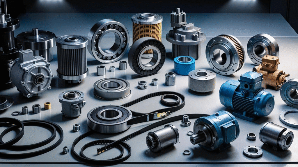 Industrial Machinery Parts: Bearings, belts, filters, motors, gearboxes, and couplings for various equipment.